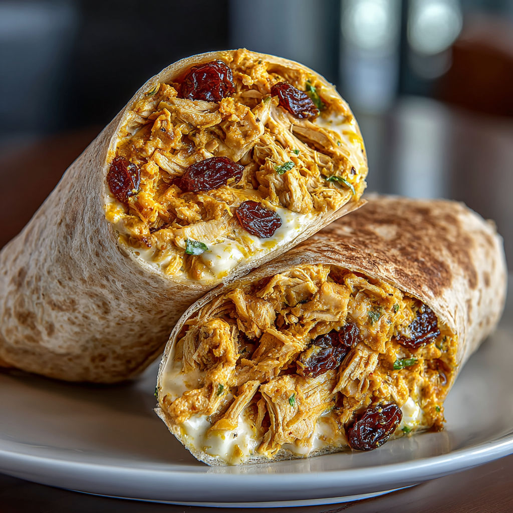 Two curried chicken wraps on a plate.