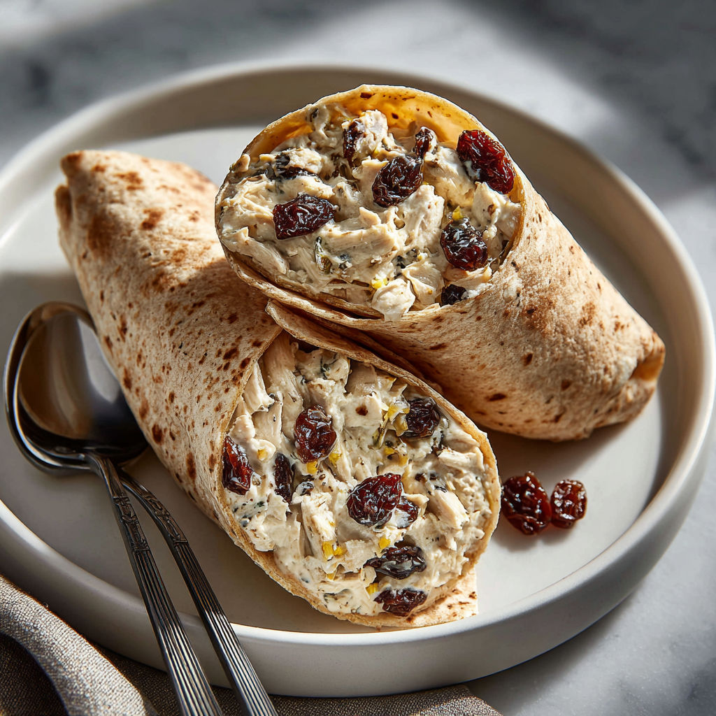 Two curried chicken wraps on a plate.