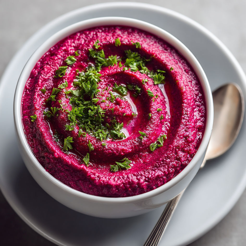 A cup of beet and feta dip.