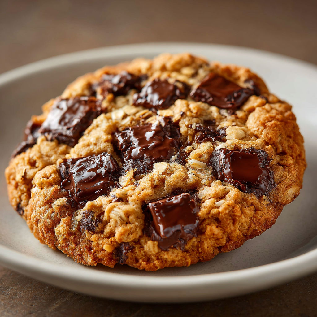 A chocolate chip cookie with chocolate drizzle on top.