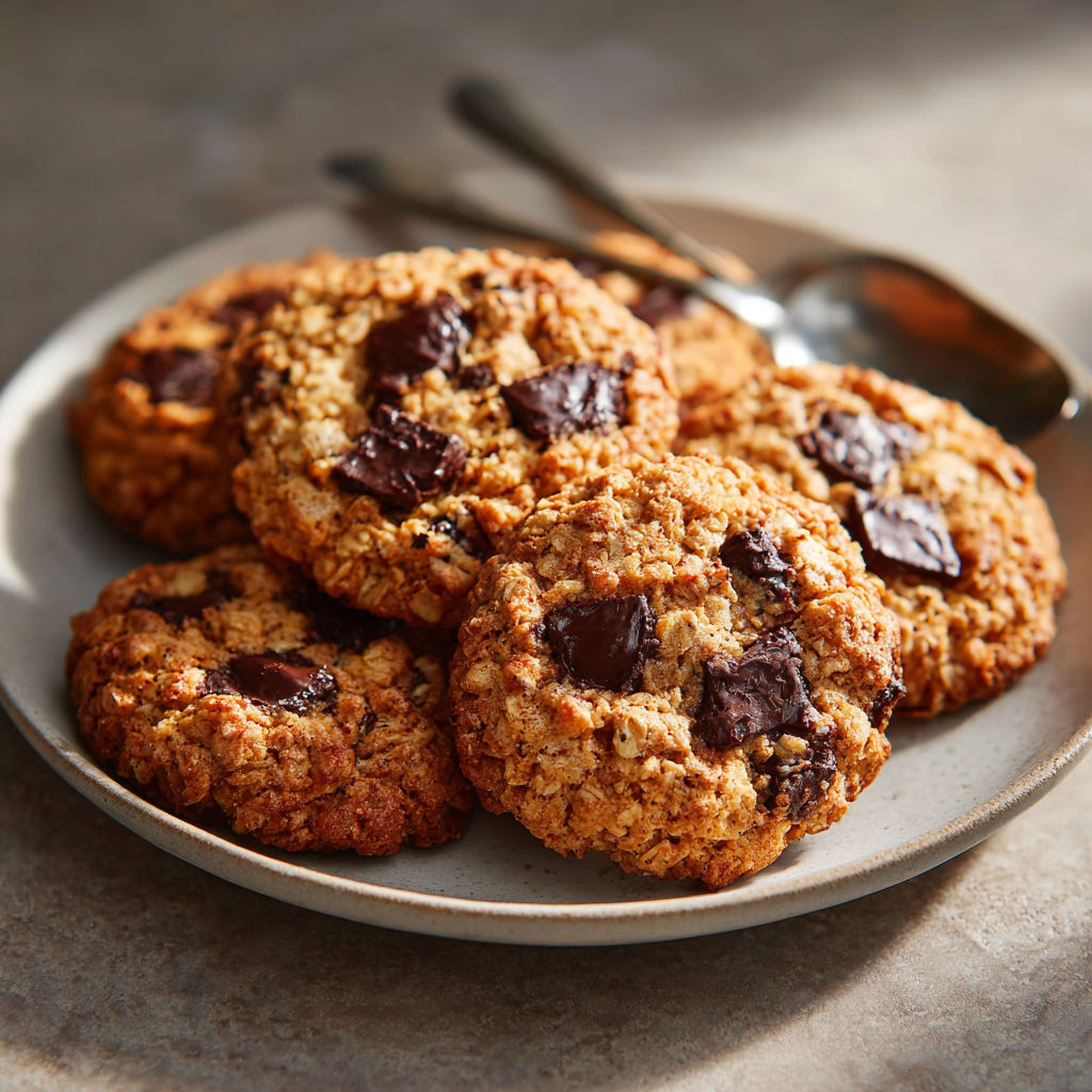 A plate of cookies with chocolate chips.