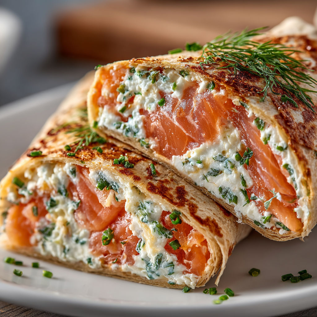 A plate with two smoked salmon and cream cheese wraps.