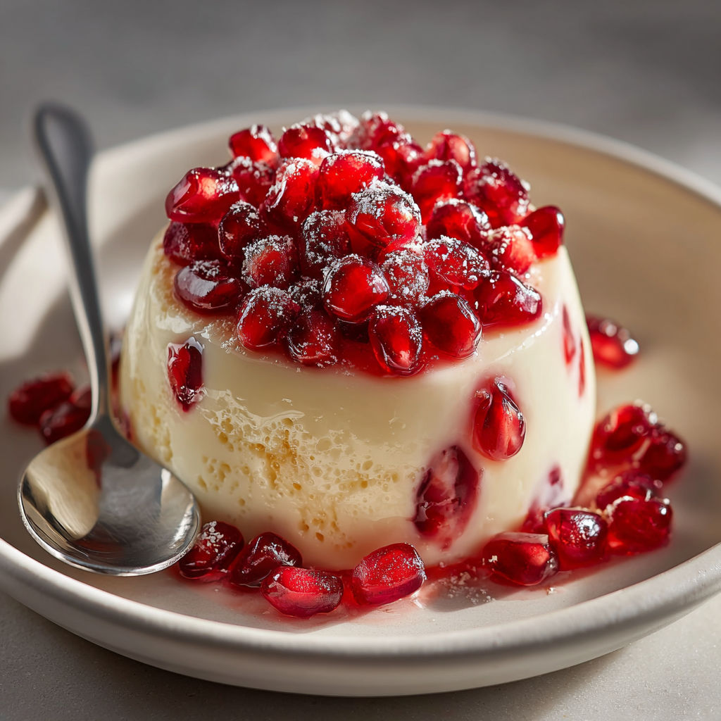 A white dessert with red berries on top.