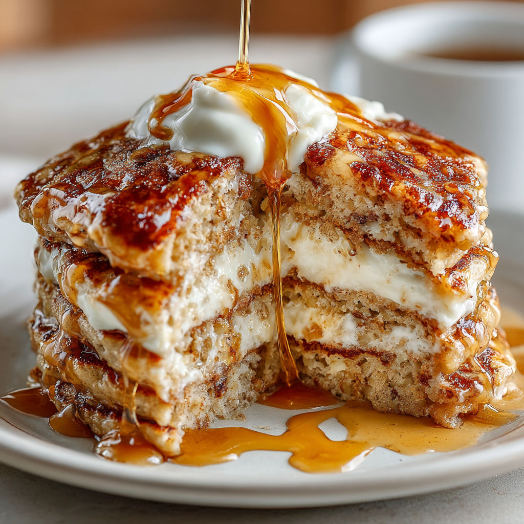 A stack of cashew apple pancakes with syrup drizzled on top.