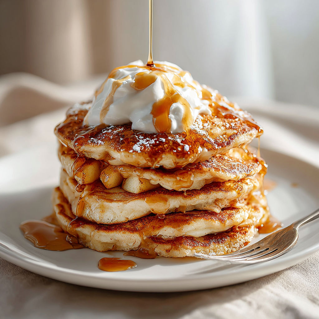 A stack of pancakes with syrup drizzled on top.