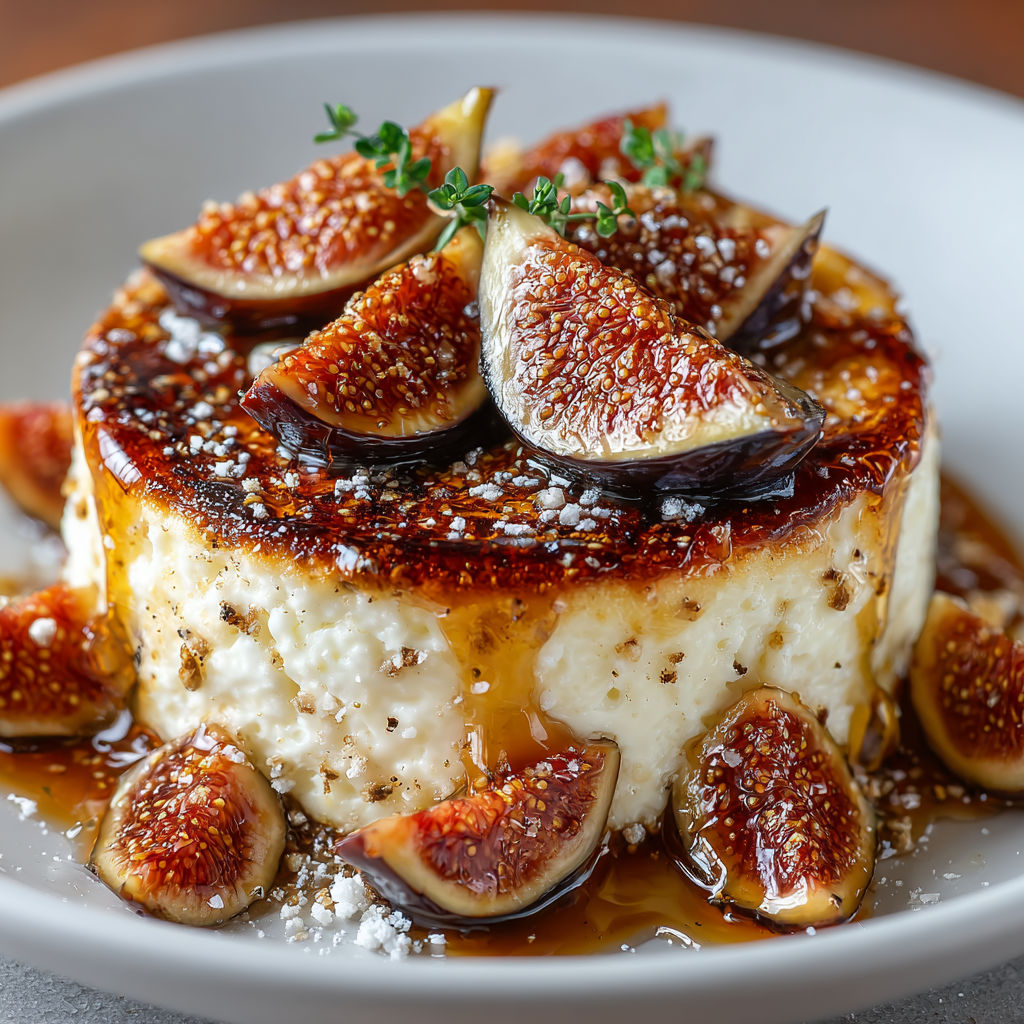 A plate of roasted ricotta with figs and honey.