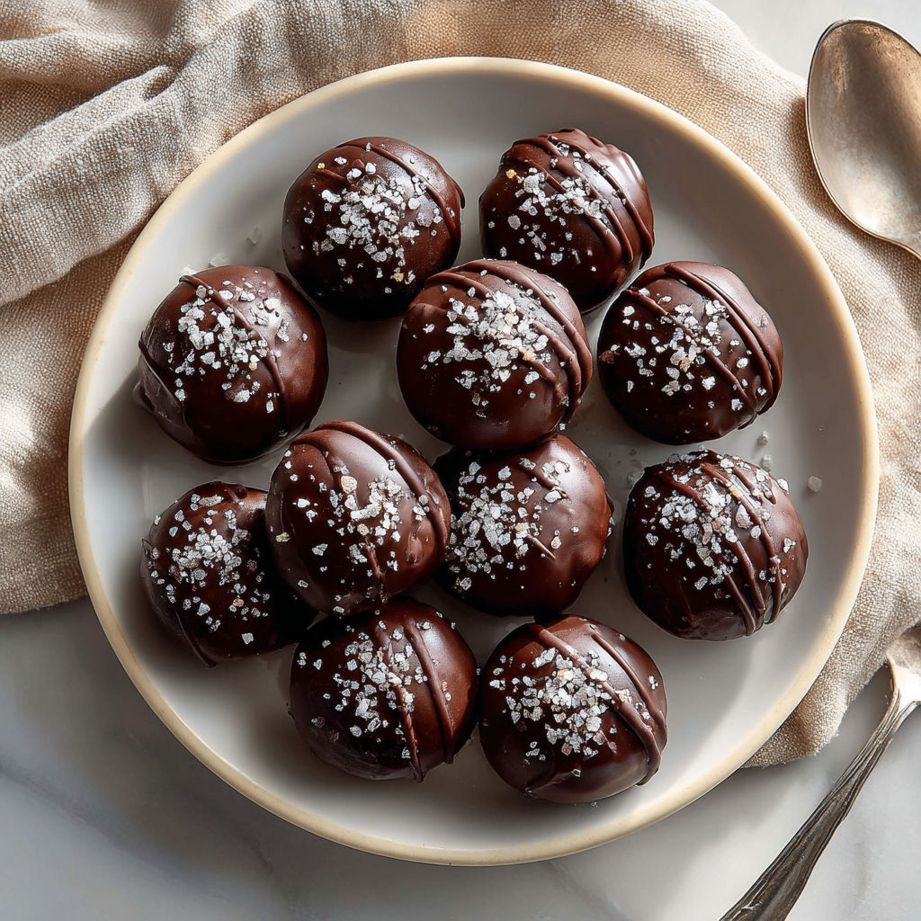 A plate of chocolate covered balls with powdered sugar on top.