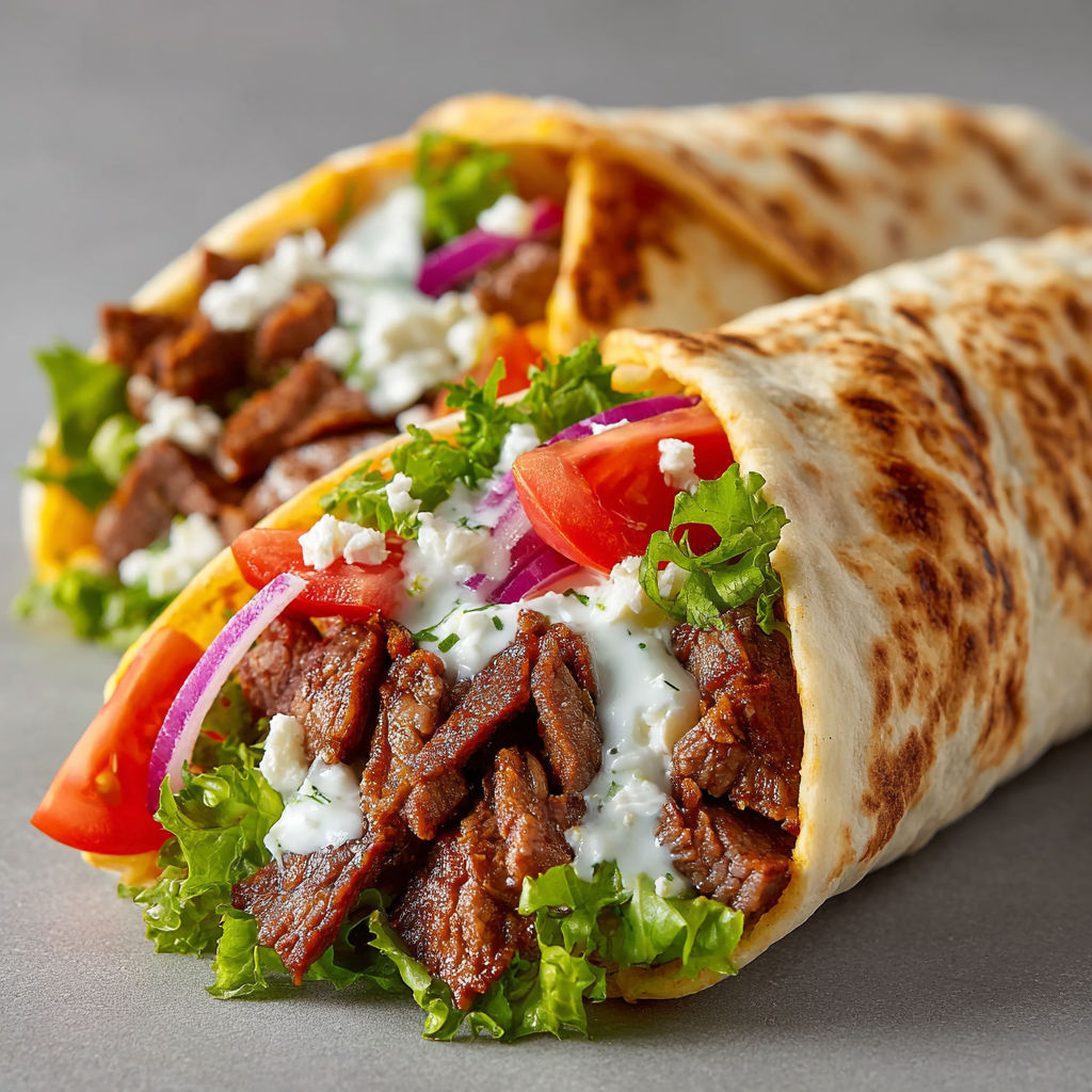 Two beef and feta cream wraps with lettuce and tomato.