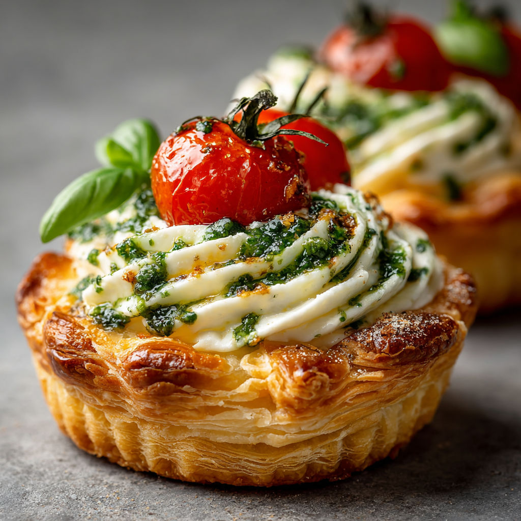 Two small tarts with tomatoes and basil.