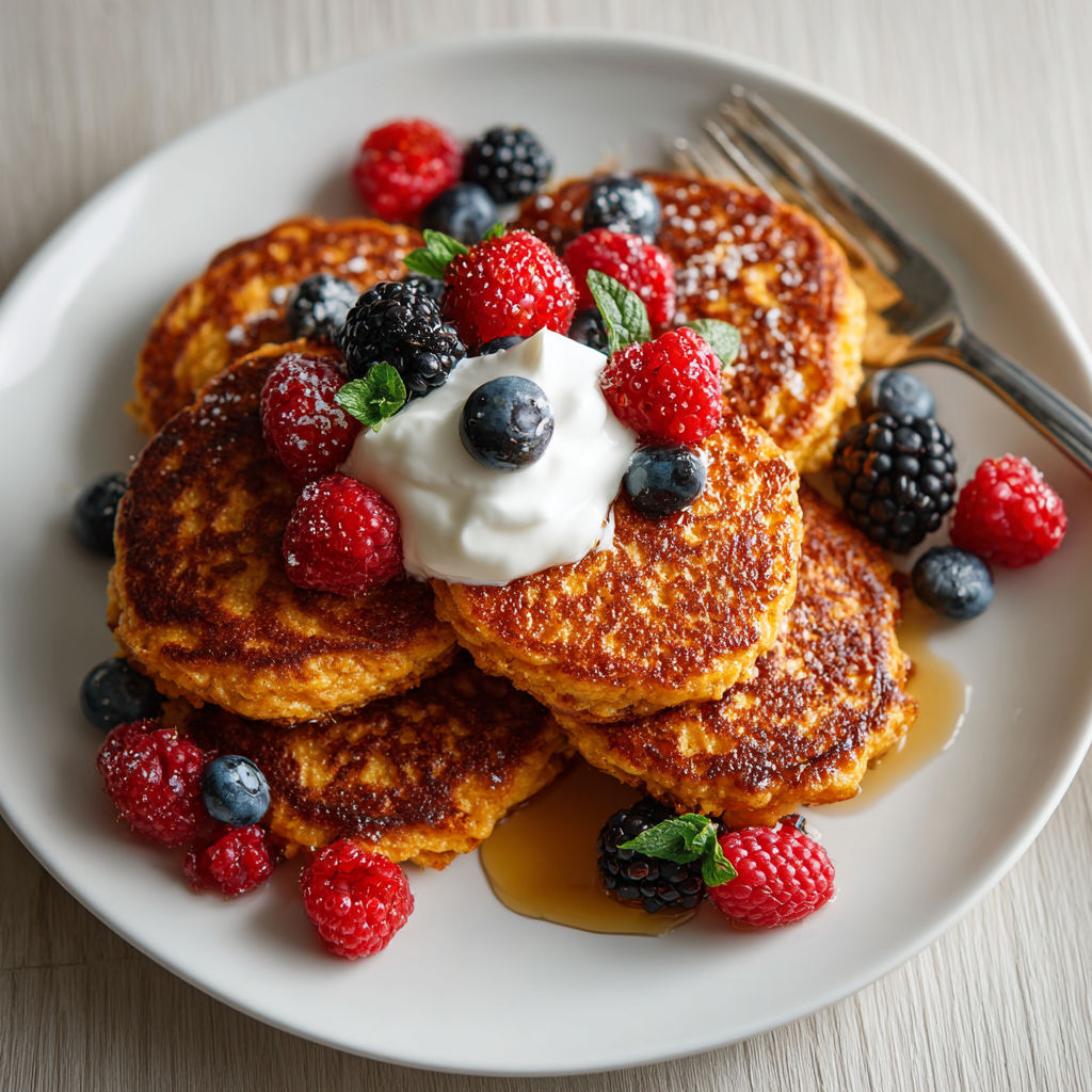 A plate of pancakes with berries and whipped cream.