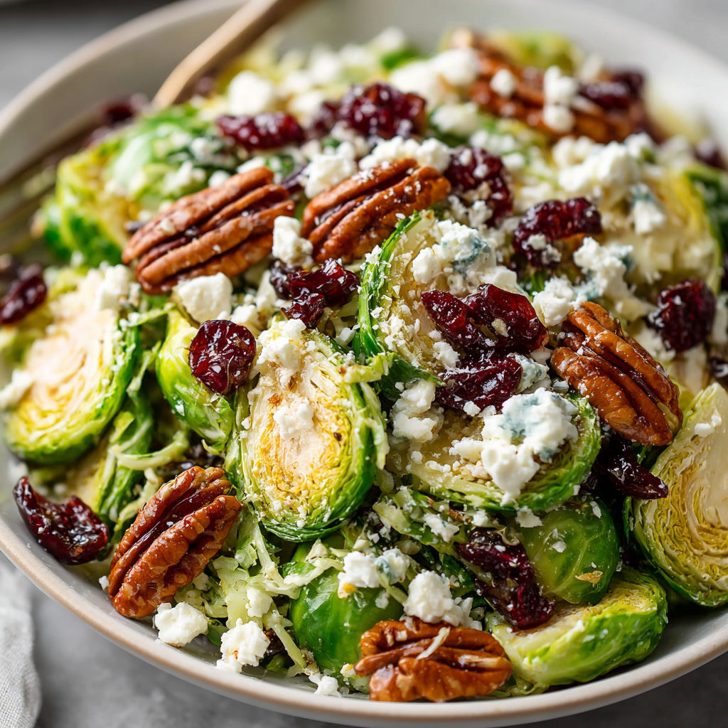 A bowl of salad with shaved brussels sprouts, feta cheese, and walnuts.