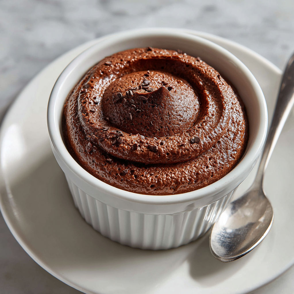 A chocolate dessert in a white bowl.