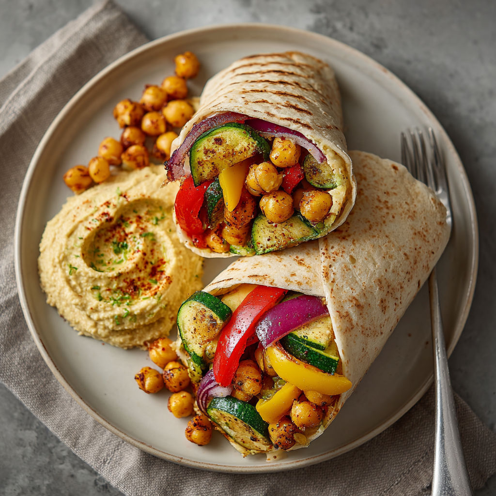 A plate of roasted vegetable wraps.