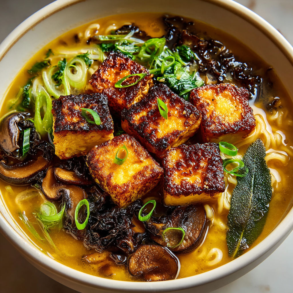 A bowl of soup with mushrooms and sage.