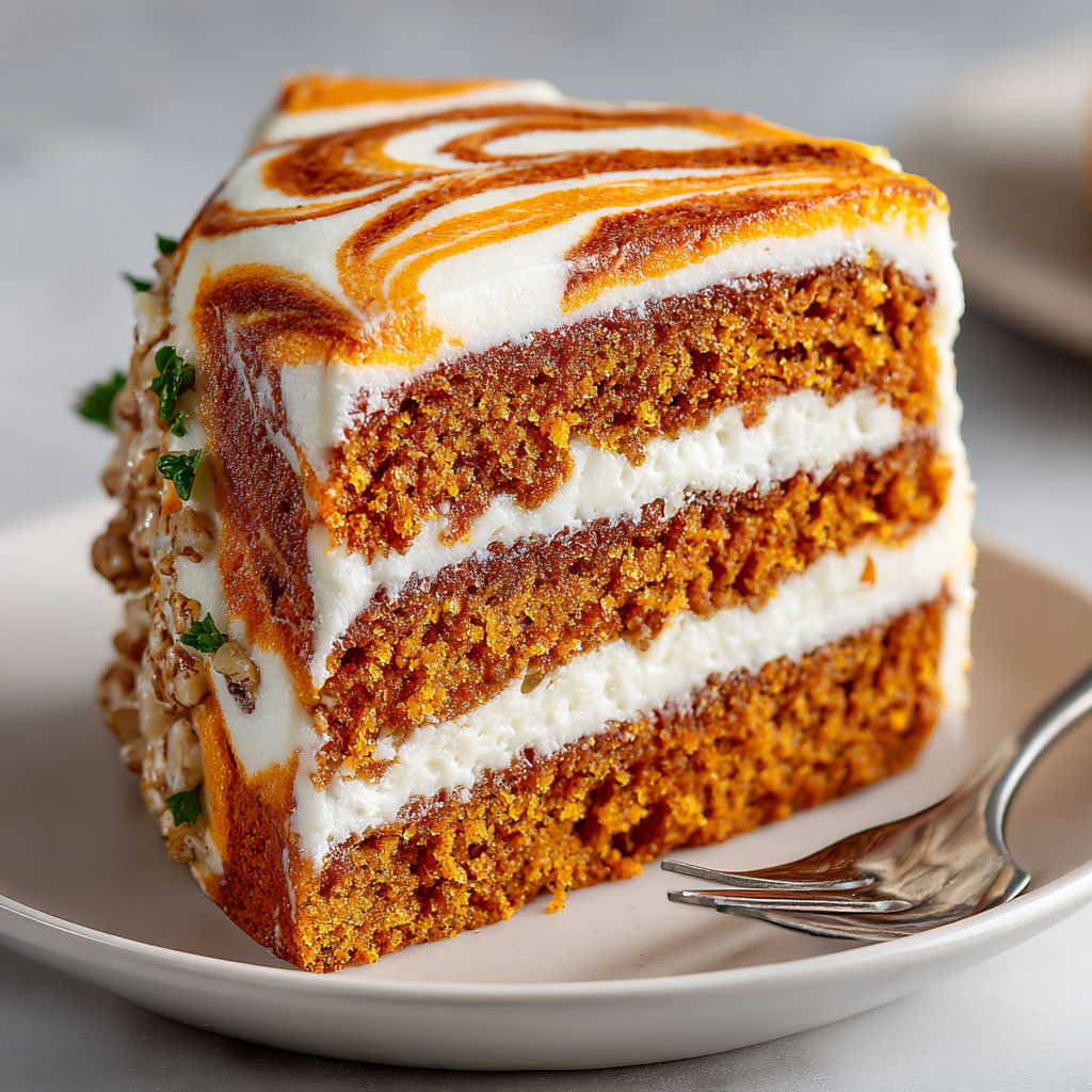 A slice of pumpkin spice cake with cream cheese swirl.