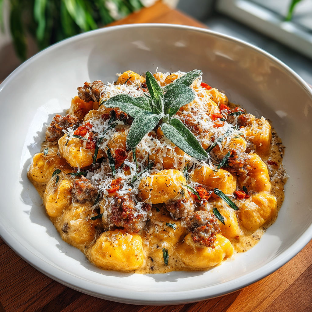 A white bowl filled with creamy butternut squash gnocchi and Italian sausage.