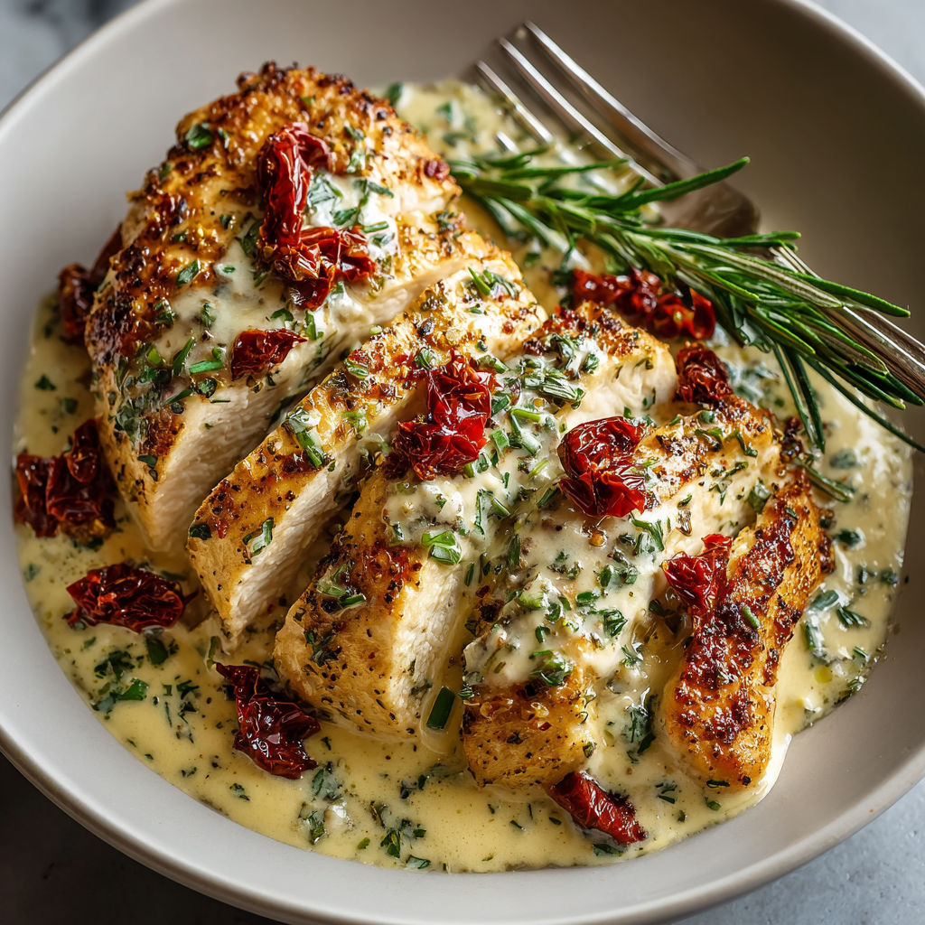 A plate of chicken with herbs and sauce.
