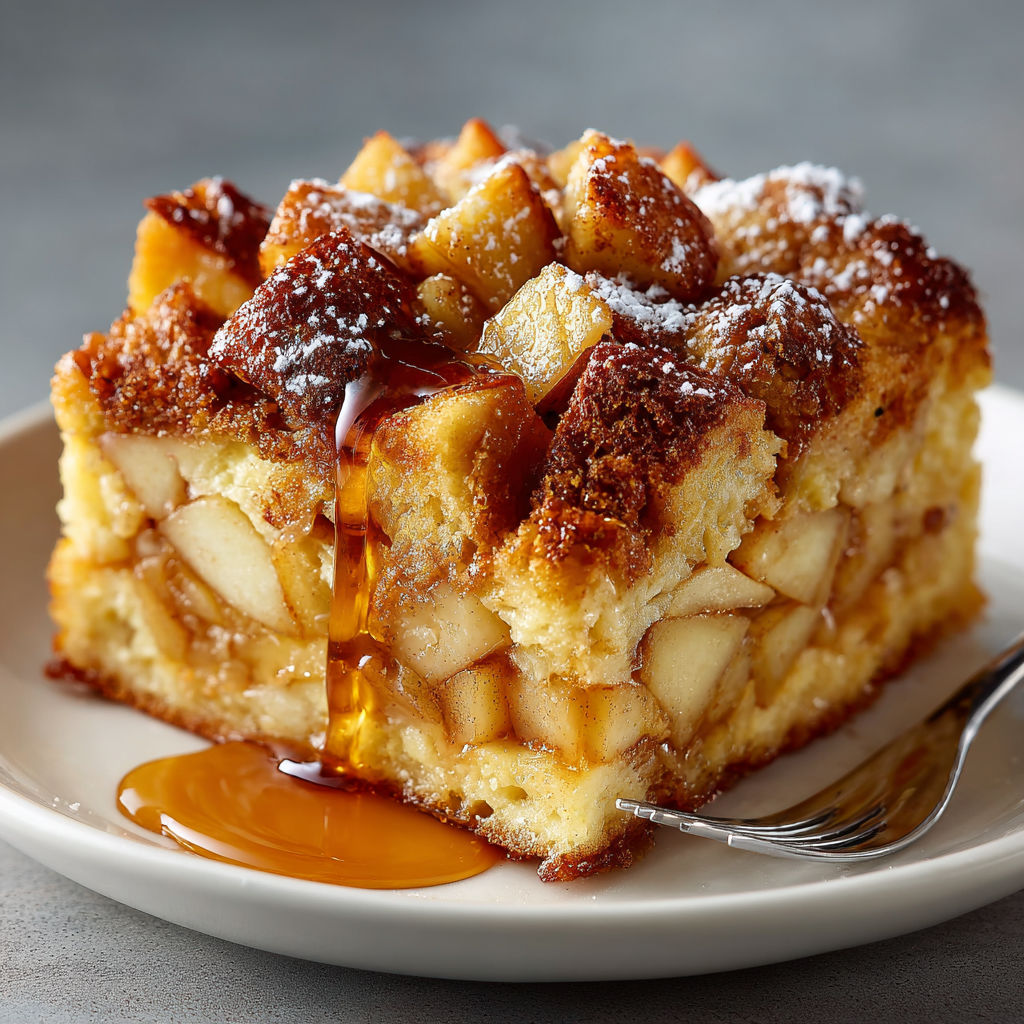 A slice of apple cinnamon french toast casserole.