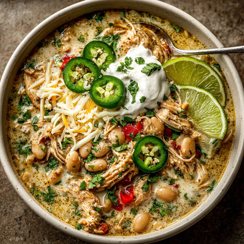 A bowl of soup with chicken, beans, and jalapenos.
