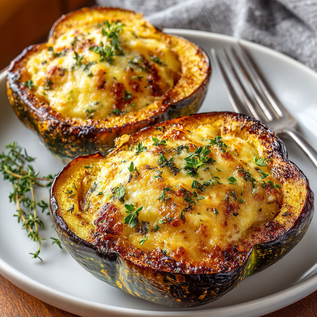 Two stuffed zucchini boats on a plate.