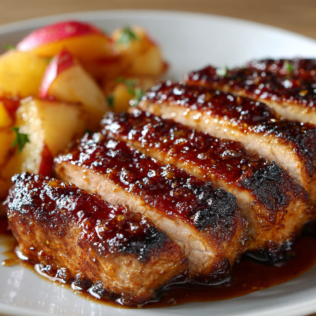 A plate of Maple Dijon Glazed Pork Tenderloin with Roasted Apples.