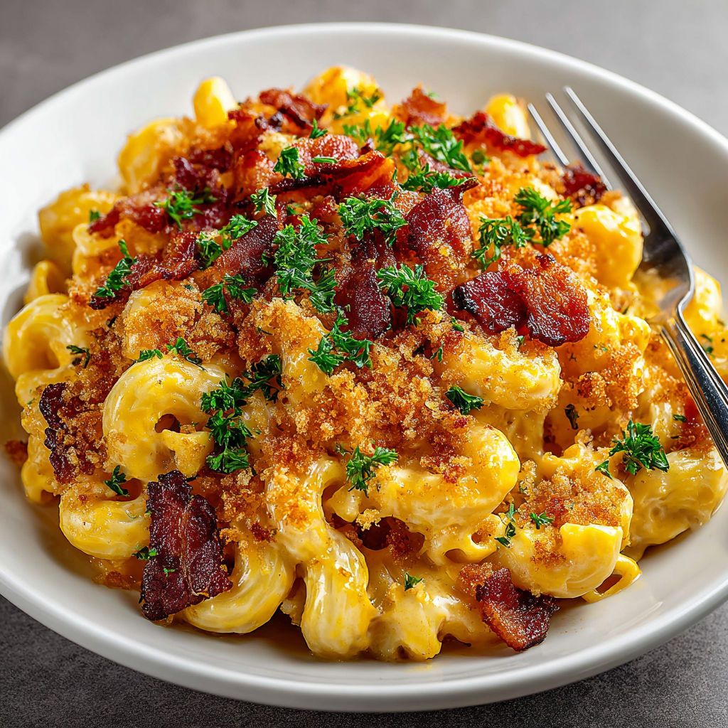 A bowl of macaroni and cheese with bacon.