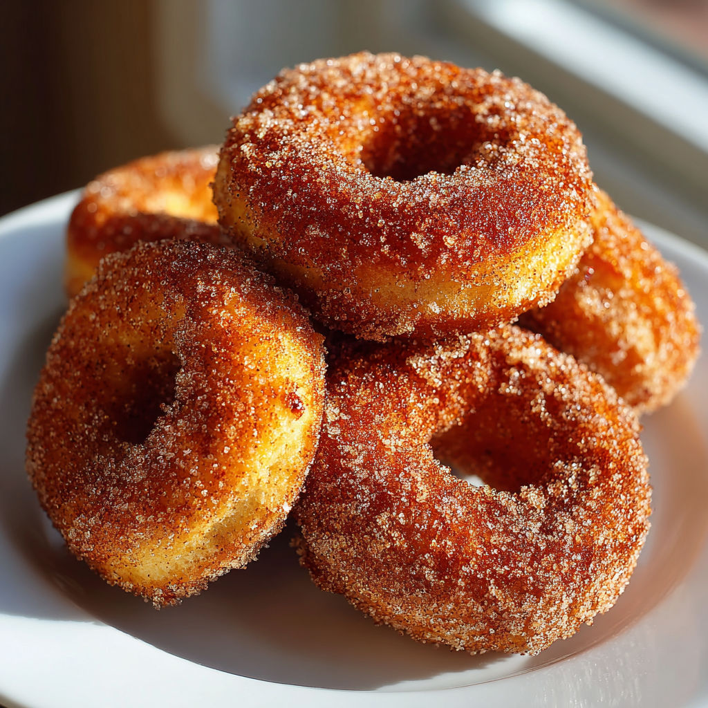A plate of sugar coated donuts.