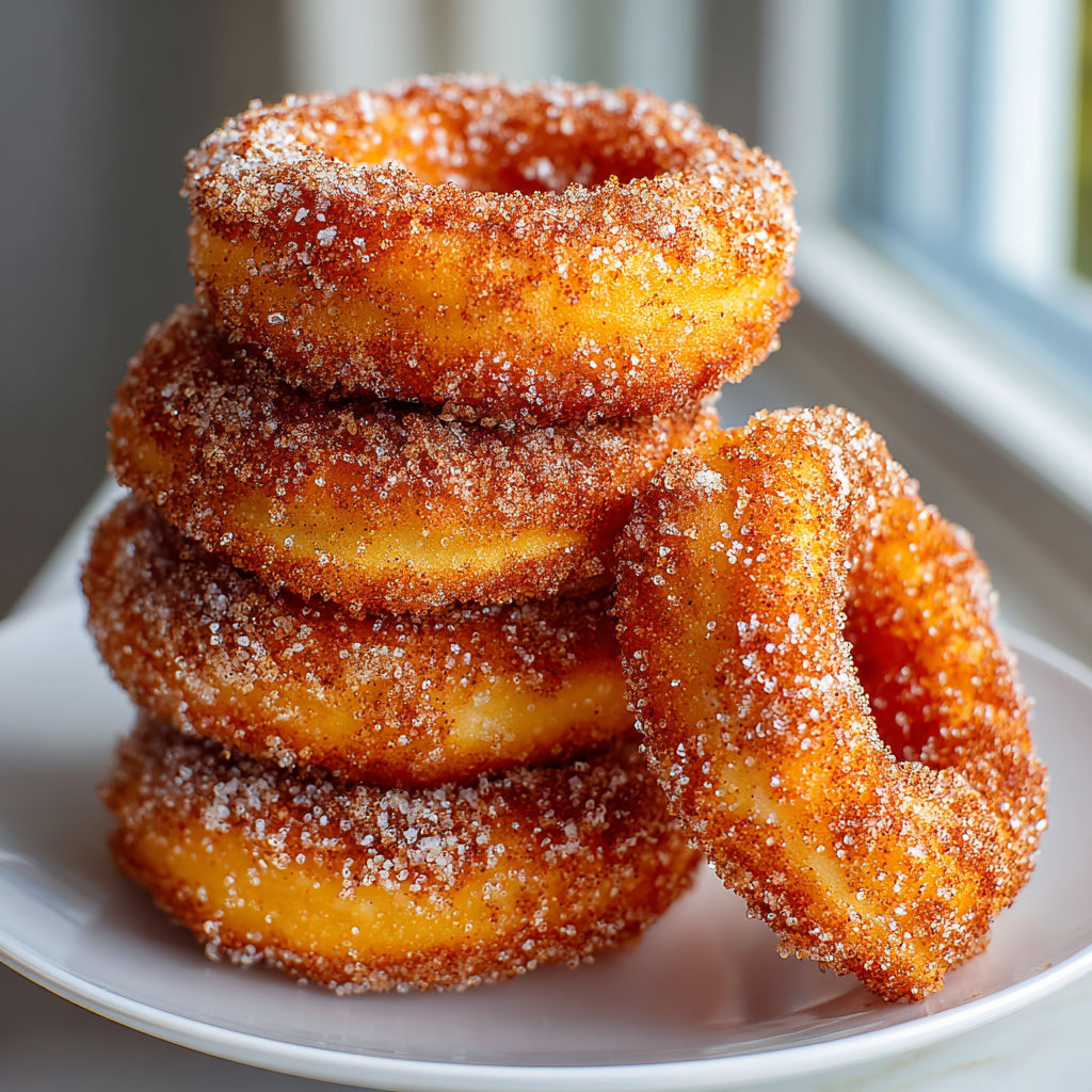 A stack of donuts with sugar on top.