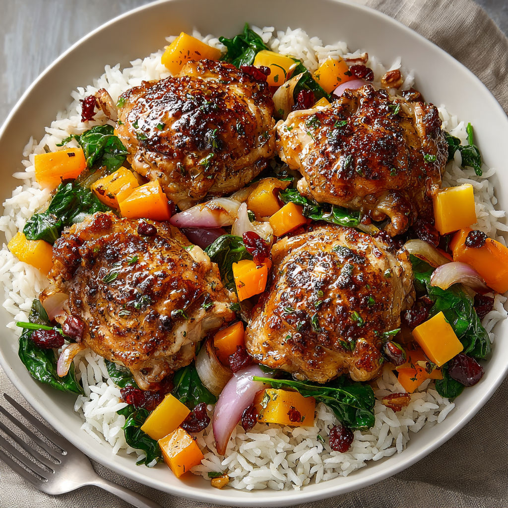 A bowl of rice and chicken with a fork on the side.