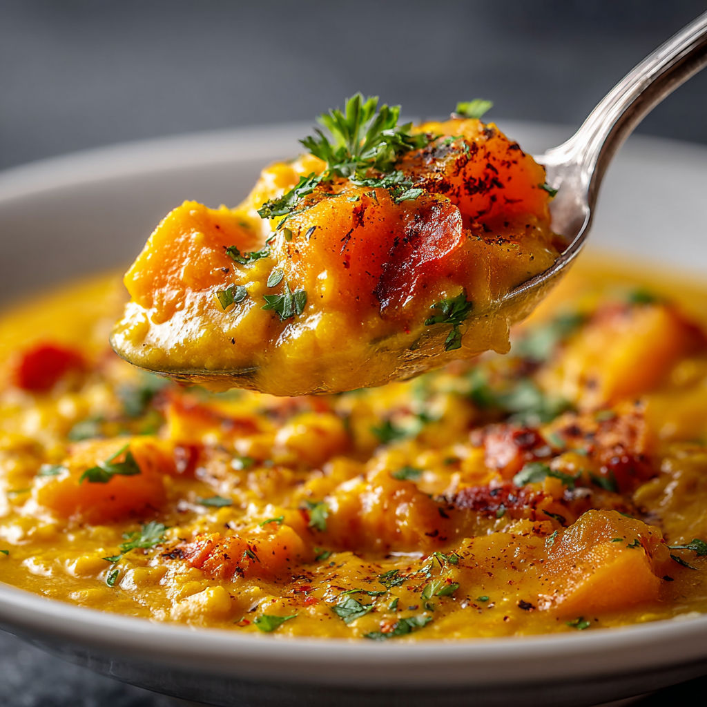A spoon is in a bowl of creamy pumpkin and lentil curry.