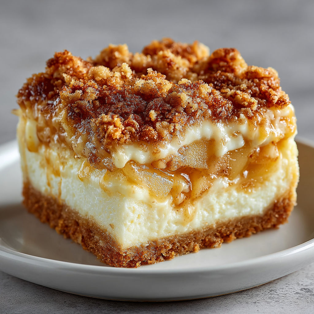 A slice of apple crisp cheesecake bars.