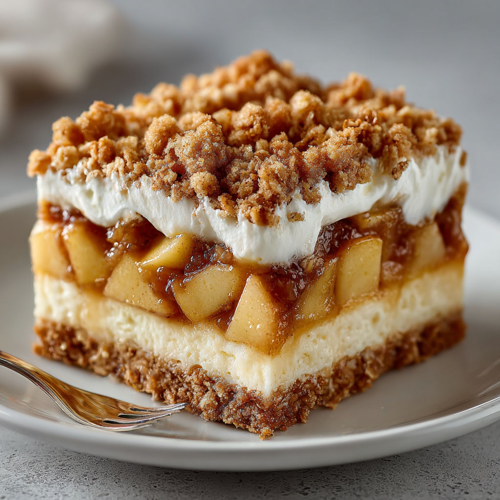 A slice of apple crisp cheesecake bars.