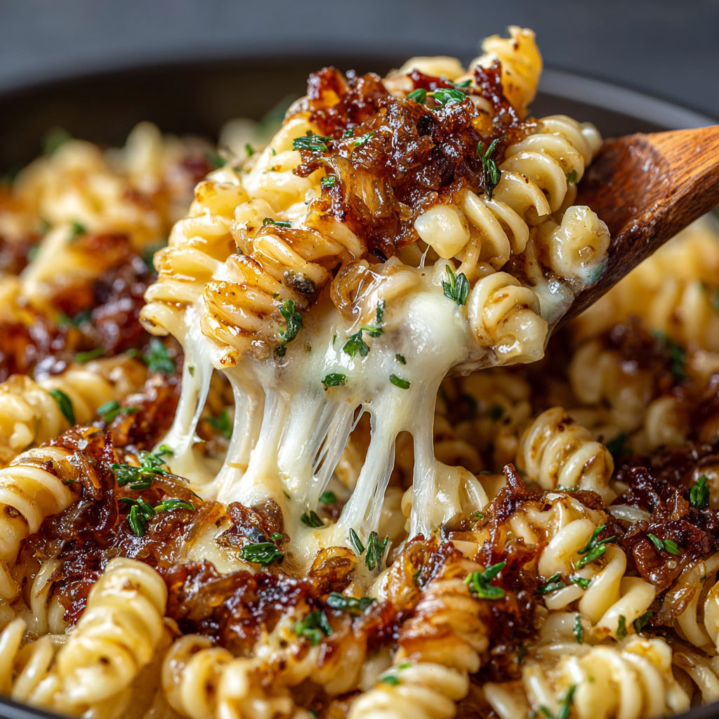 A close up of a bowl of pasta with cheese and onions.