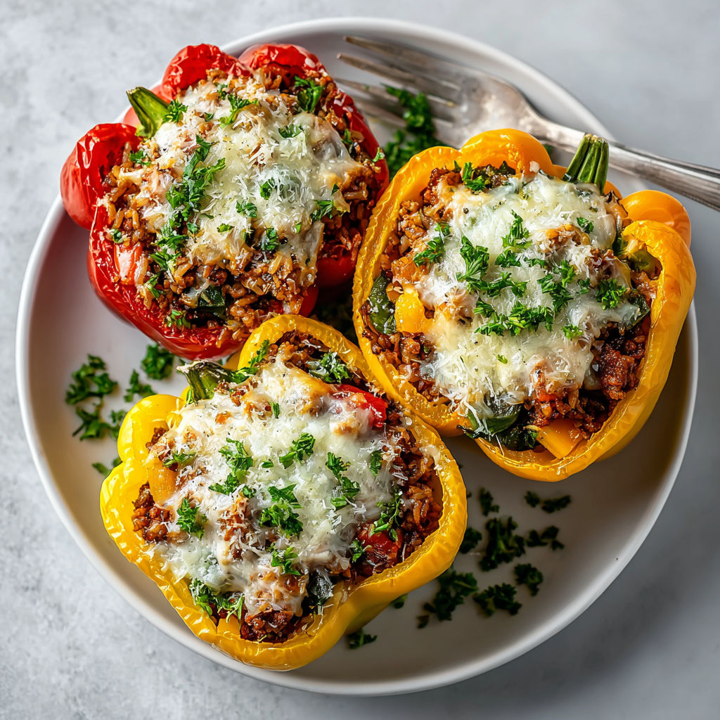 A plate of stuffed bell peppers with ground turkey and wild rice.
