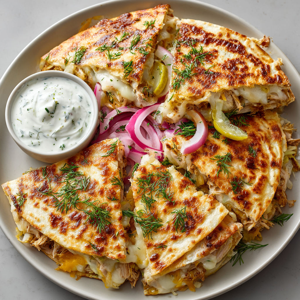 A plate of food with a white sauce on it.