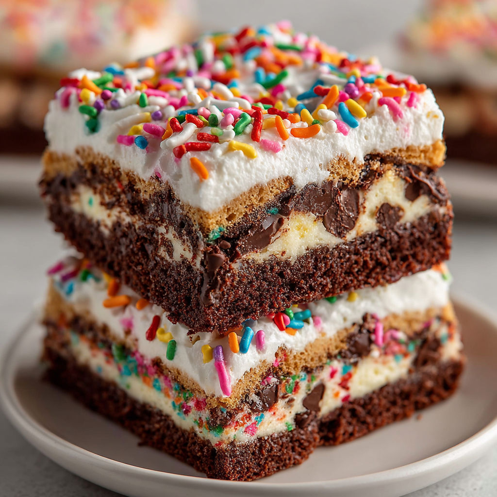 A stack of brownies on a plate.