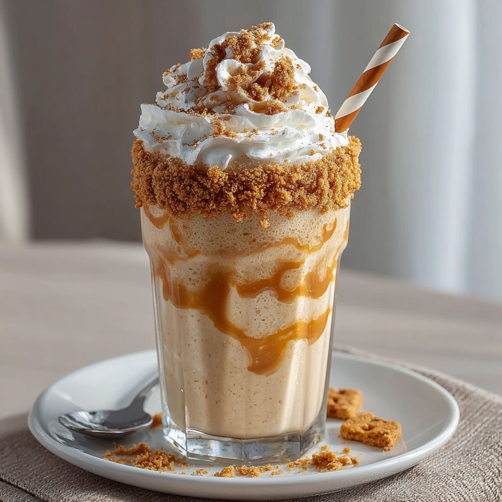 A glass of pumpkin spice milkshake with a straw.