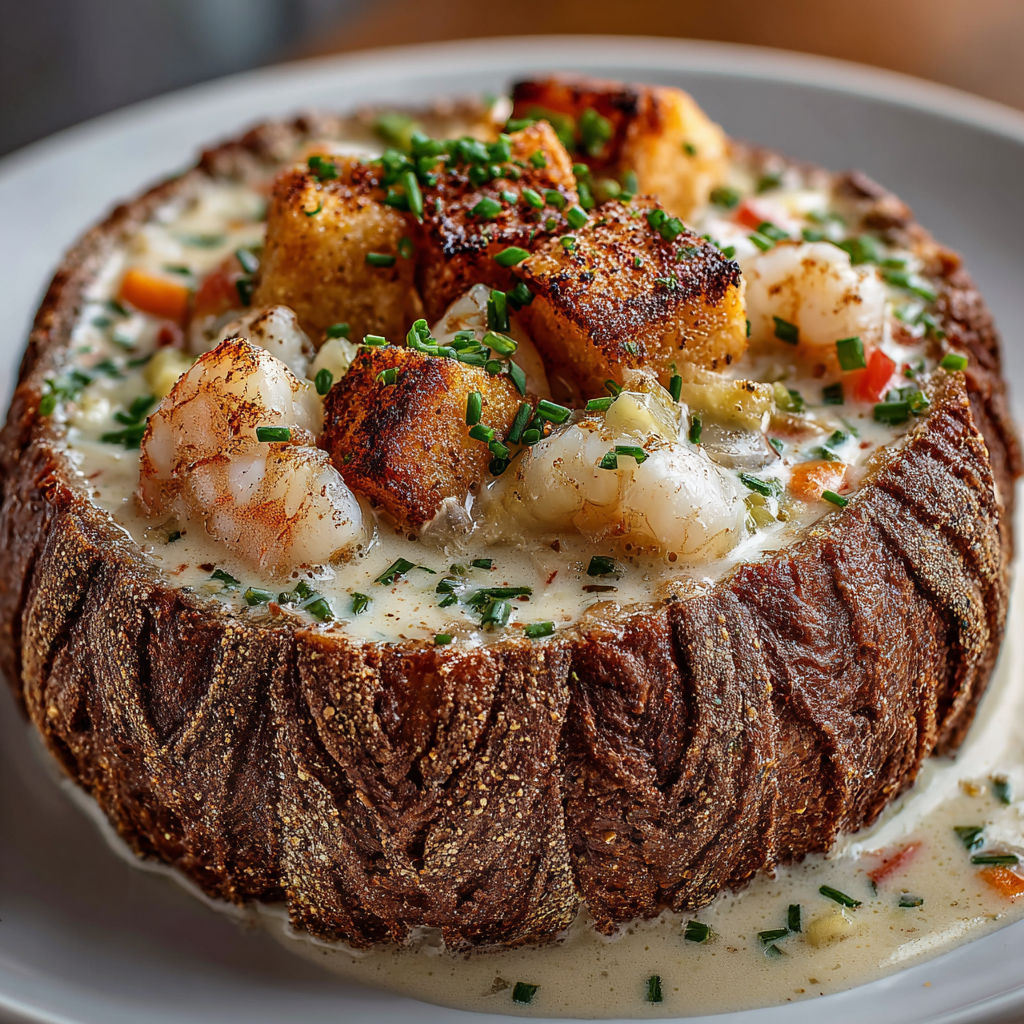 A plate of food with a bowl of shrimp and bread.
