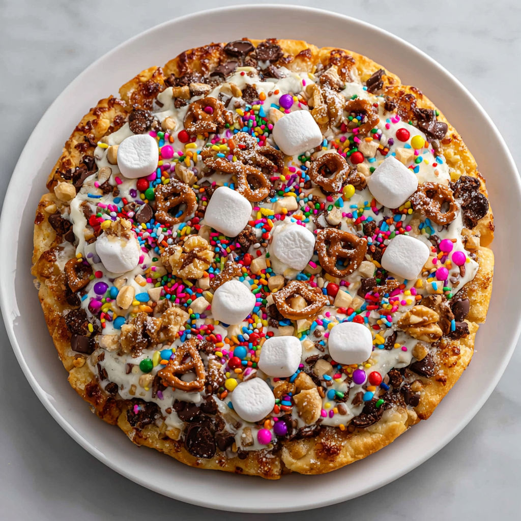 A pizza with random toppings on it.
