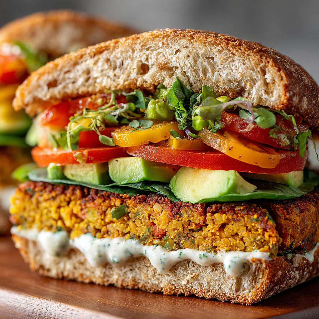 A sandwich with a variety of vegetables and a bun.
