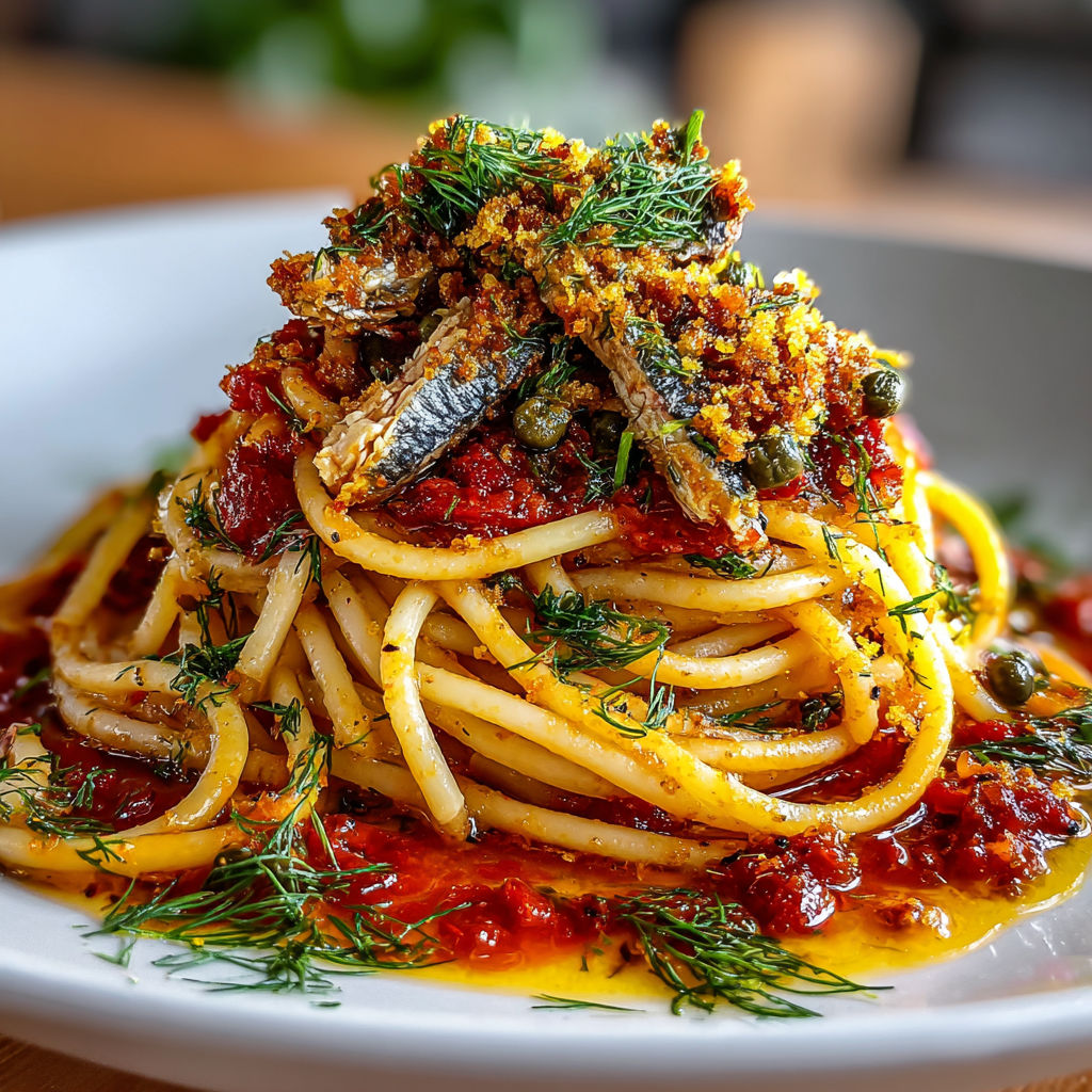 A plate of pasta with sardine crumble on top.