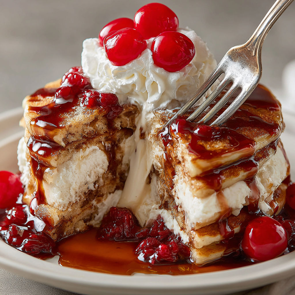 A fork is stuck in a dessert that has a rebel root beer float pancakes.