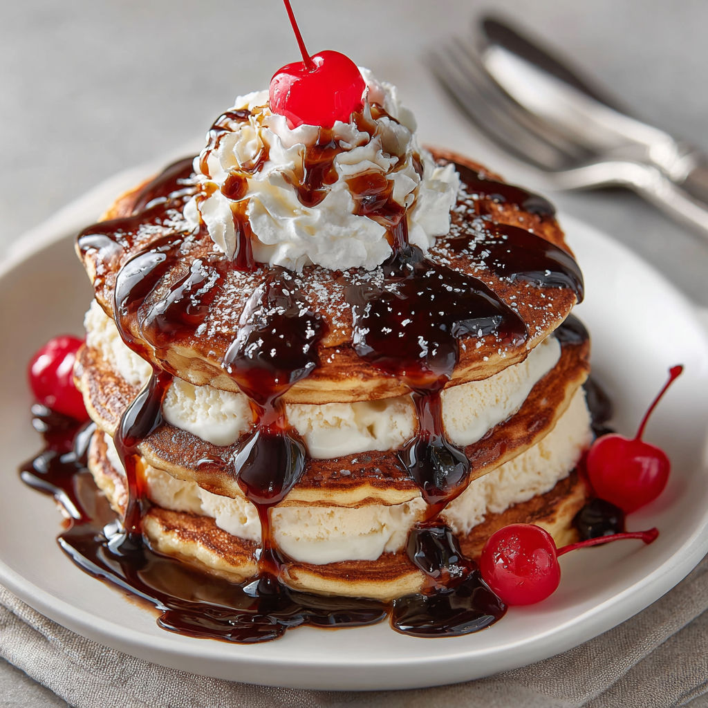 A stack of pancakes with a scoop of ice cream and a cherry on top.