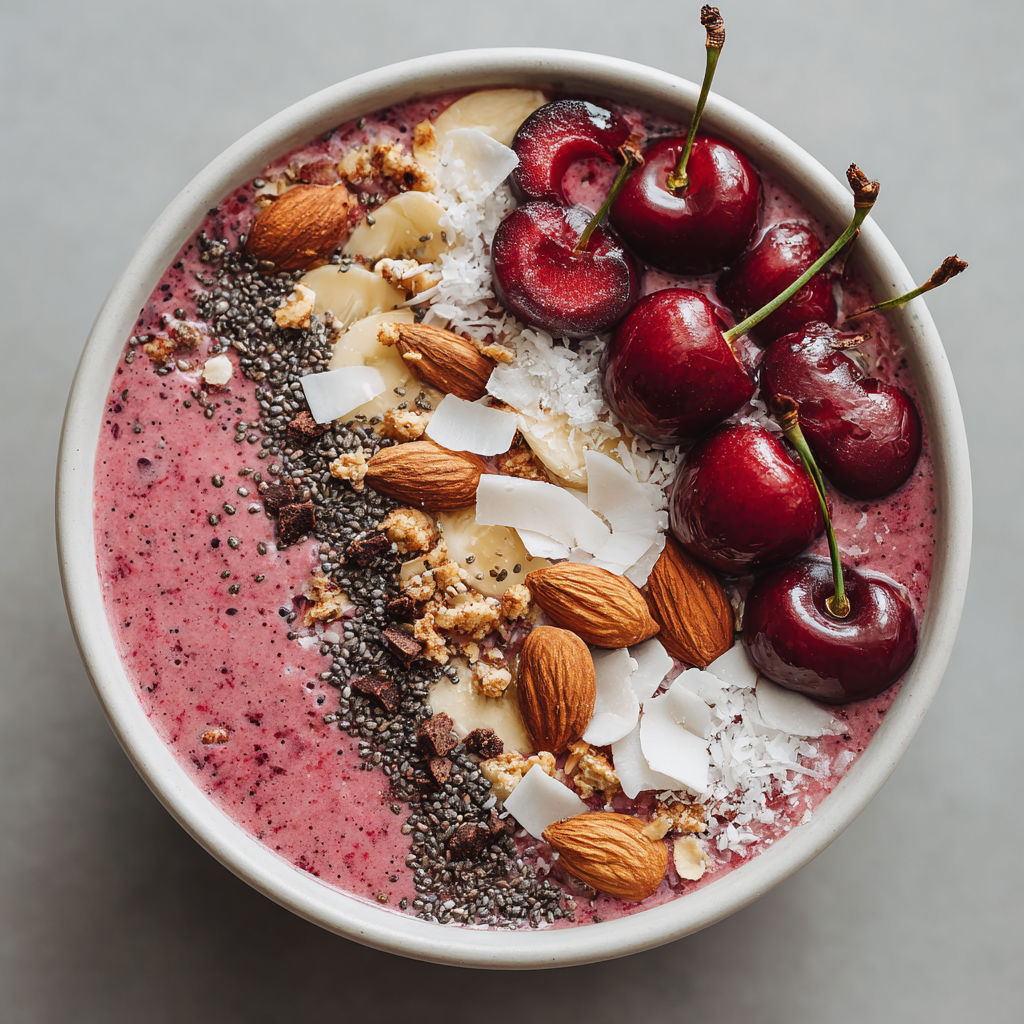 A bowl of cherry-vanilla smoothie with nuts and coconut on top.