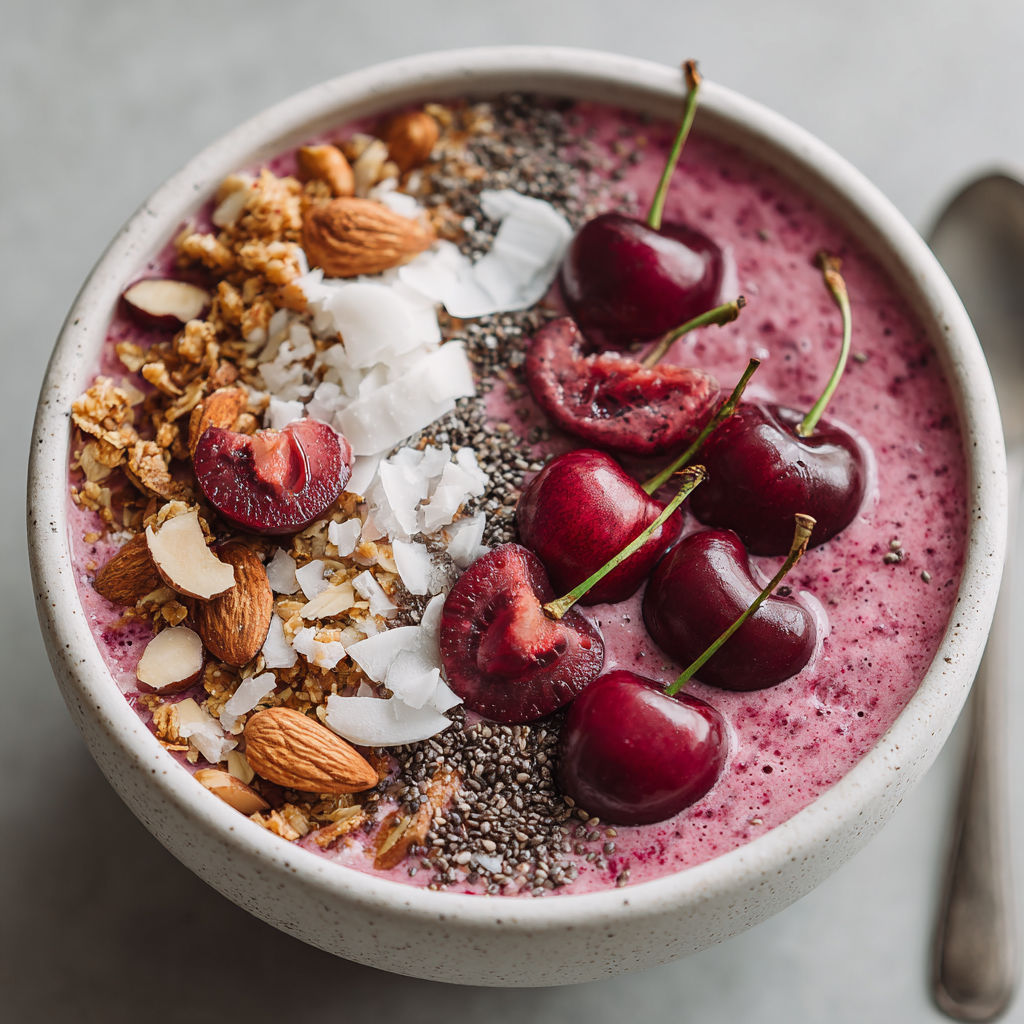 A bowl of fruit with cherries and almonds.