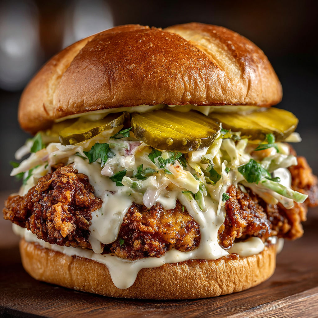 A sandwich with pickles and coleslaw.