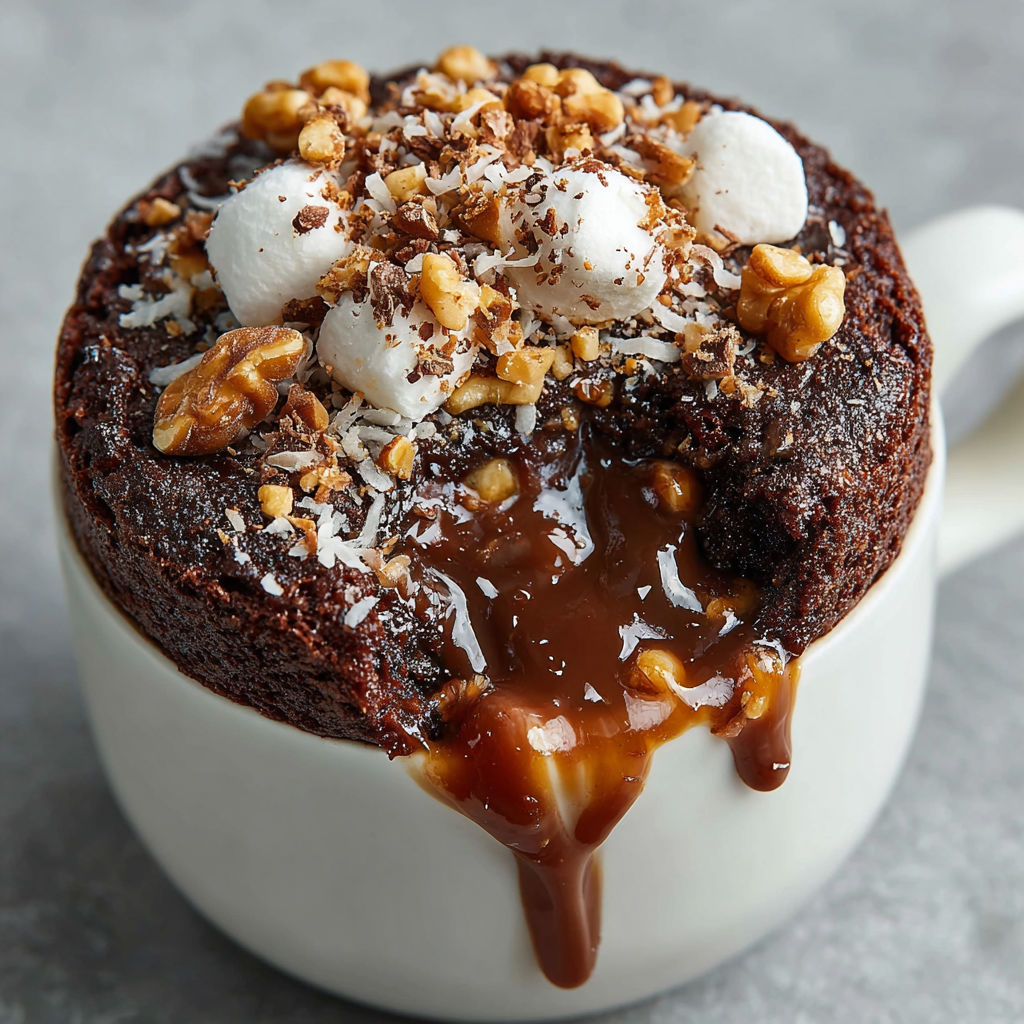A mug of chocolate cake with a drizzle of caramel sauce.