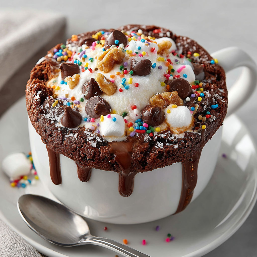 A cup of brownies with chocolate and marshmallows.