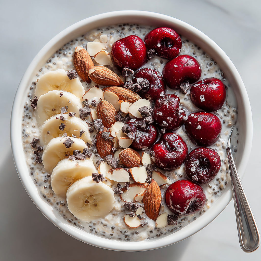 A bowl of oatmeal with bananas, cherries, and almonds.