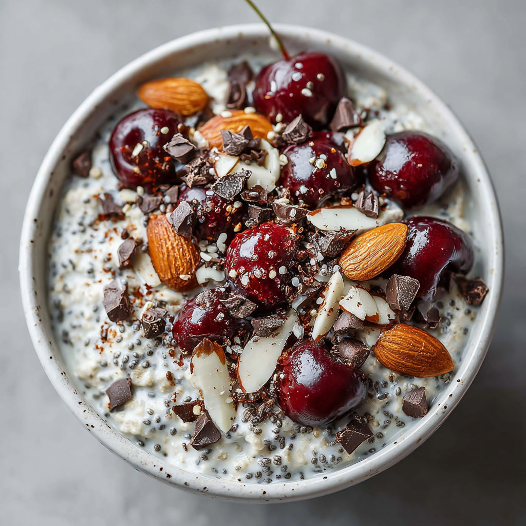 A bowl of yogurt with nuts and cherries.